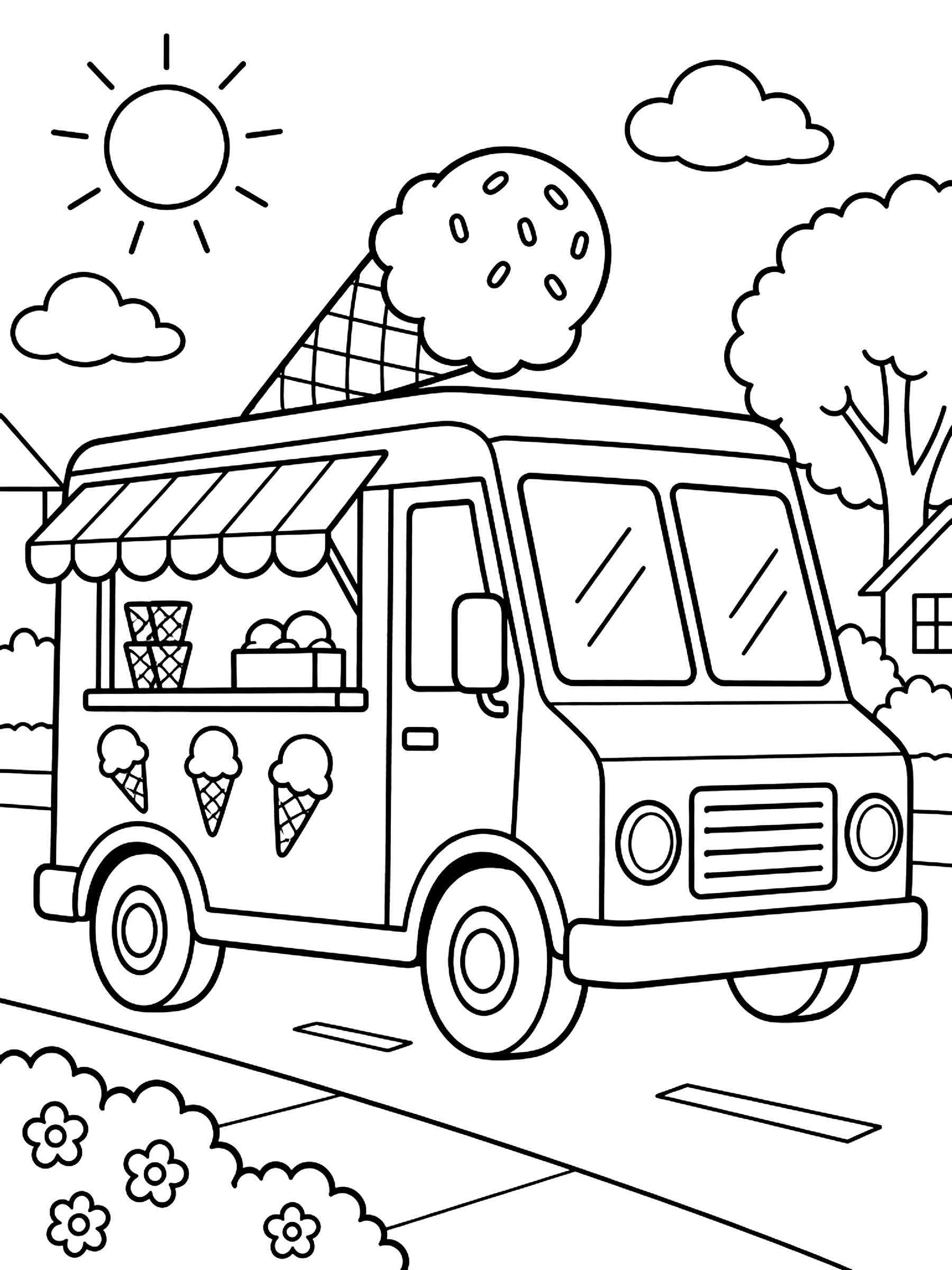 Ice cream truck on a summer street coloring page