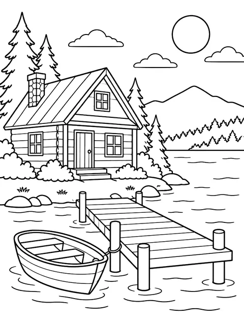 Lake cabin with a dock coloring page