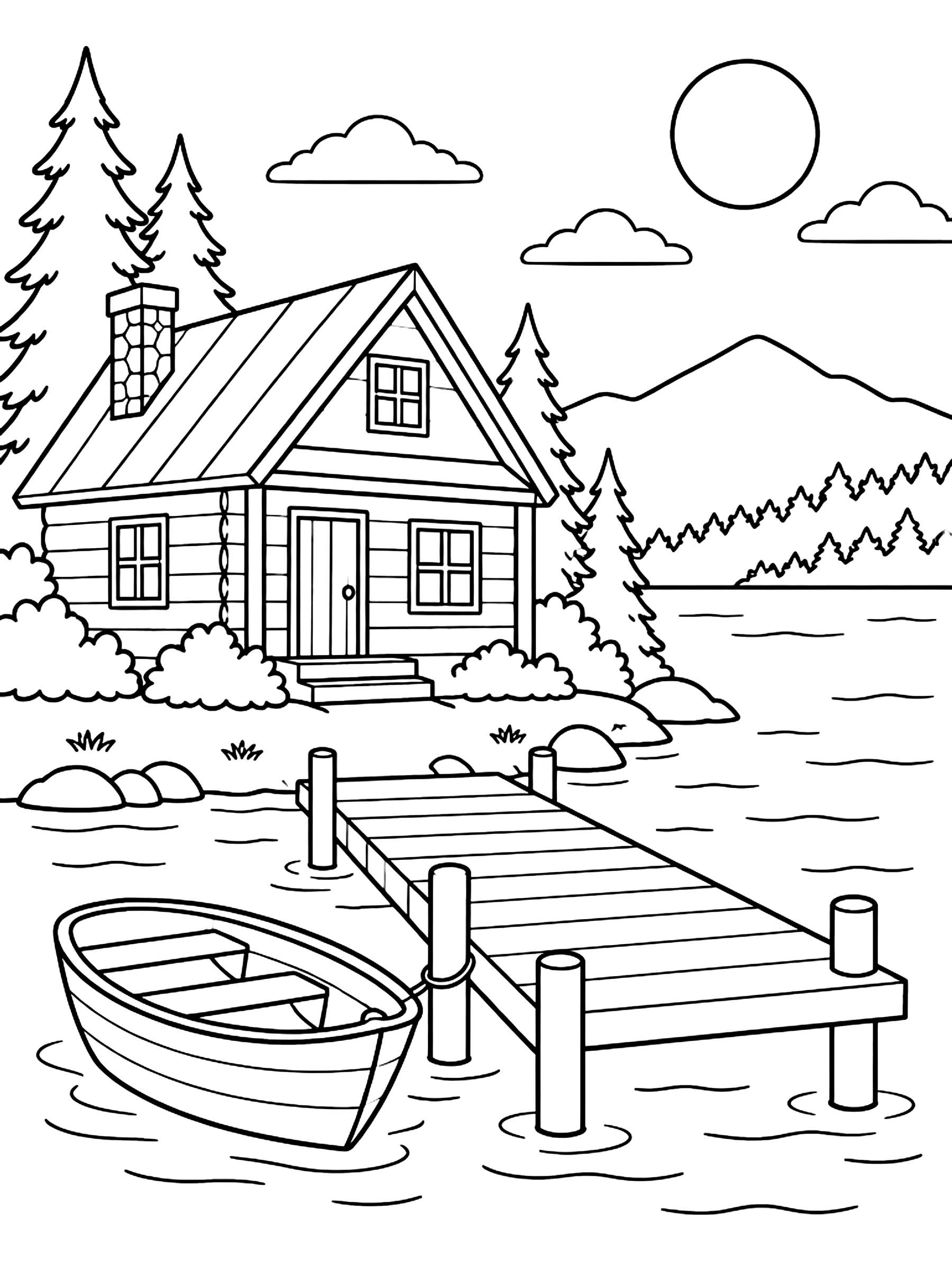 Lake cabin with a dock coloring page