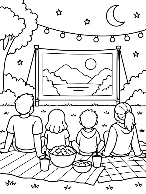 Outdoor movie night on blankets coloring page