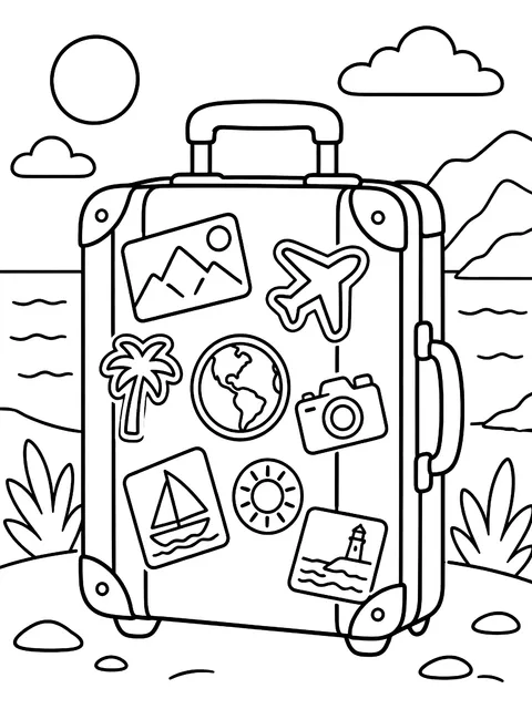 Suitcase covered in travel stickers coloring page