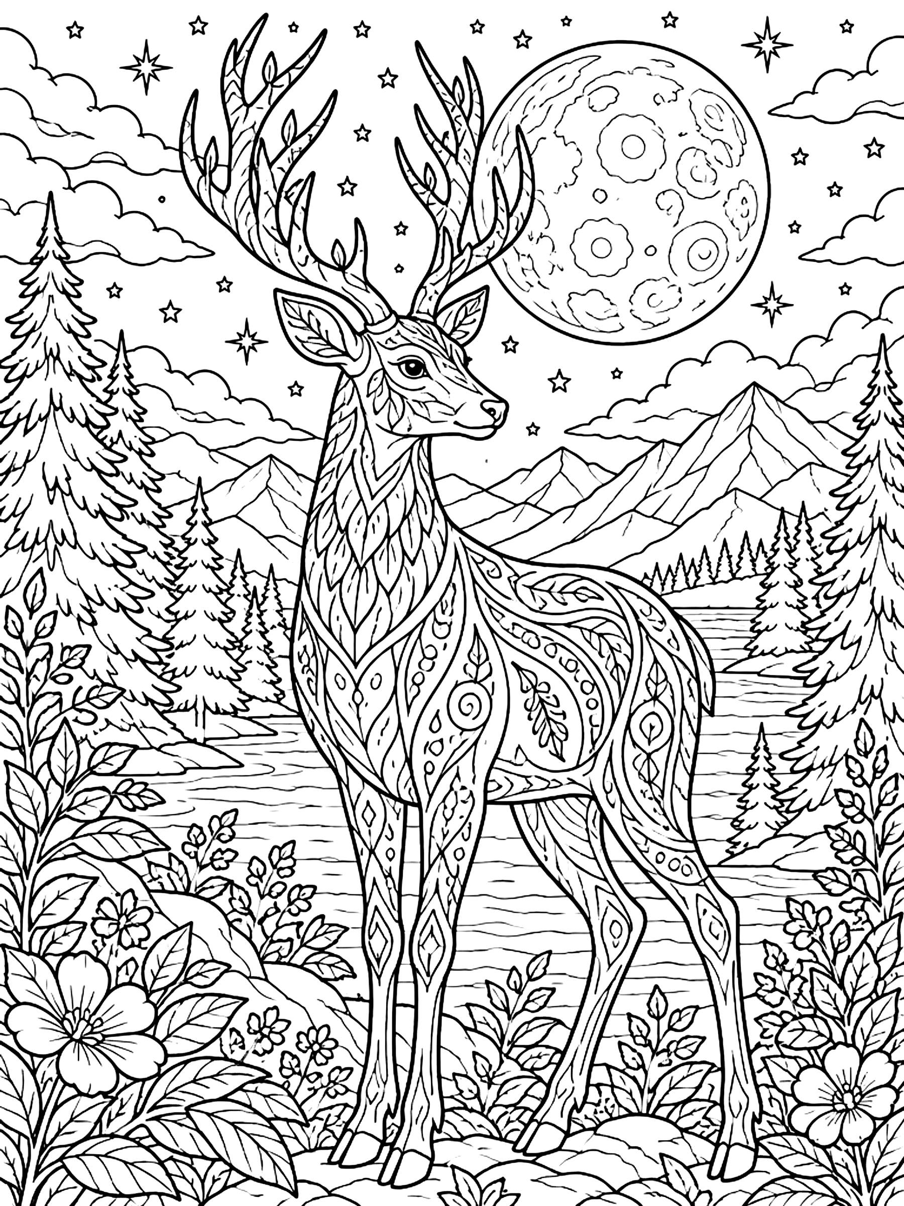 Detailed Deer under a full moon coloring page