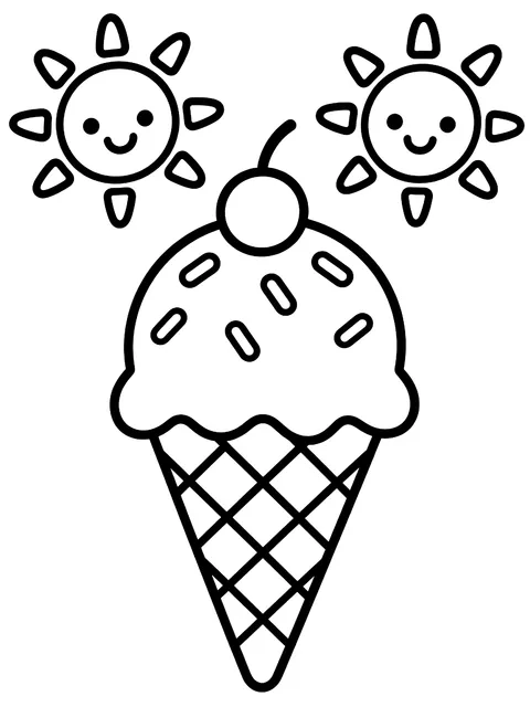 Easy June title page with suns and ice cream coloring page