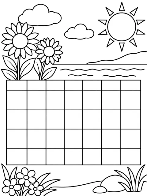 Blank June calendar grid coloring page