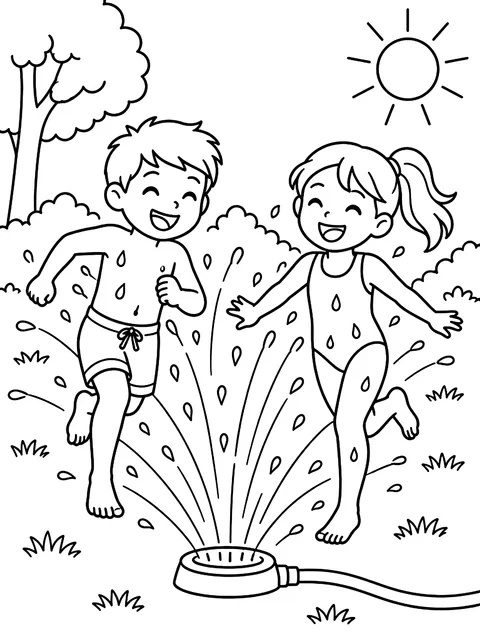 Kids running through a sprinkler coloring page