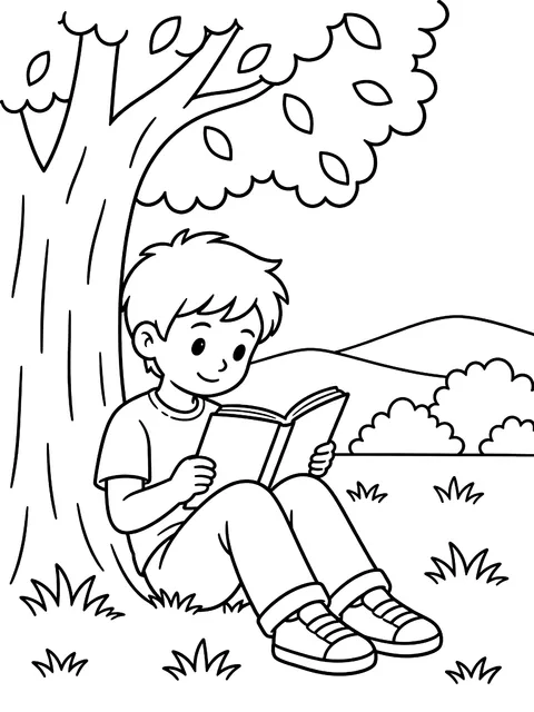 Kid reading under a tree coloring page