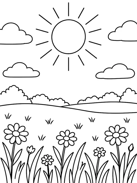Sun high over a field on the longest day coloring page
