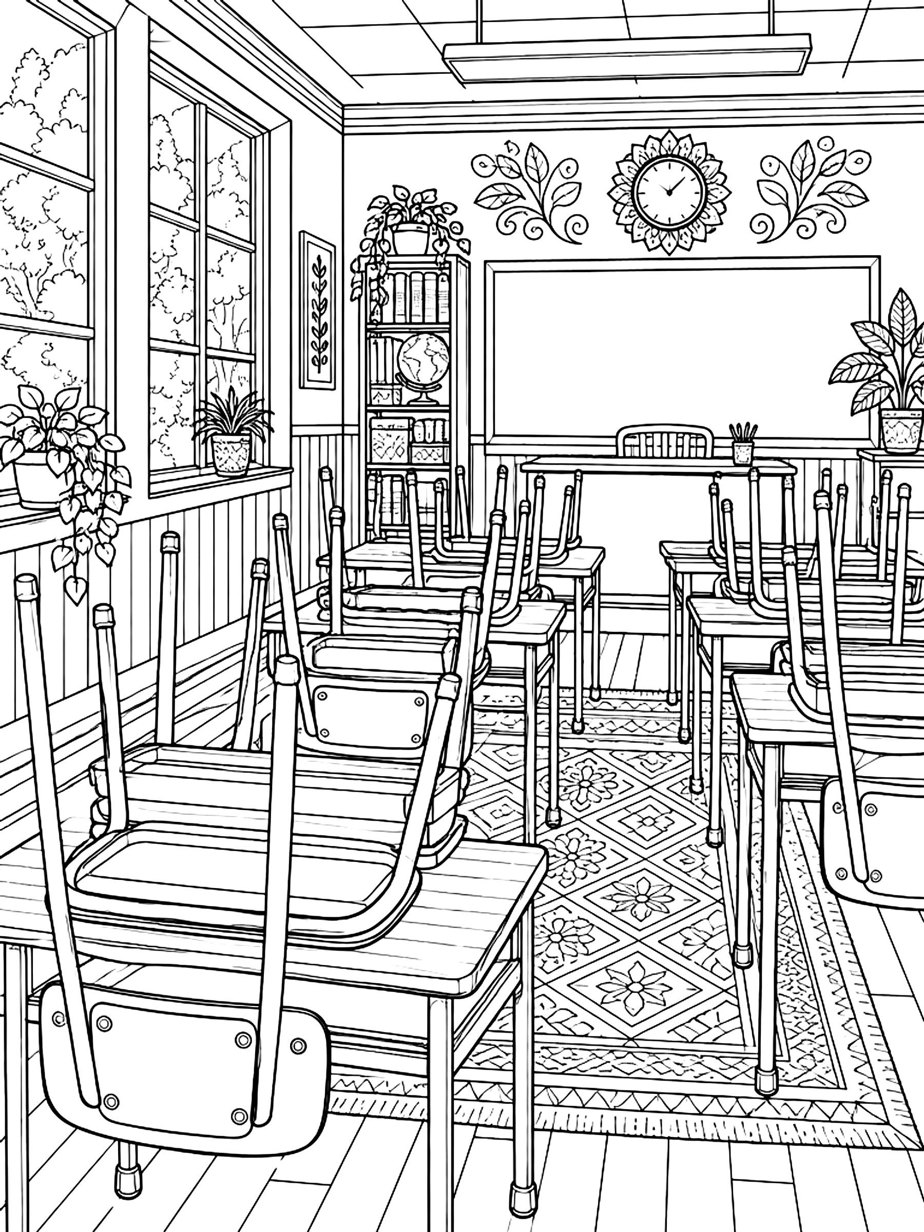 Detailed Empty classroom with chairs stacked coloring page