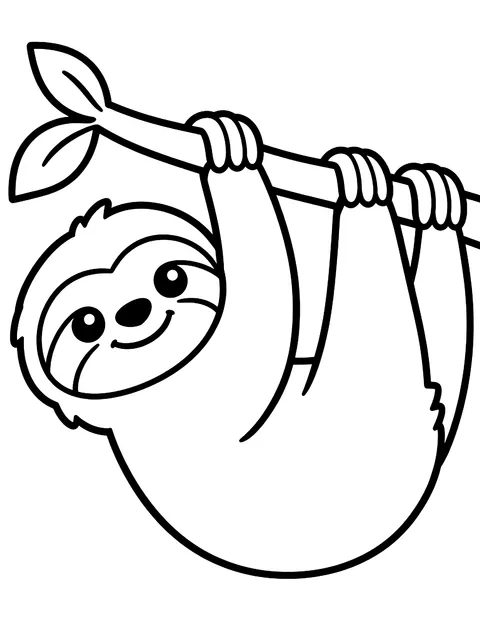 Easy Smiling sloth hanging from a branch coloring page