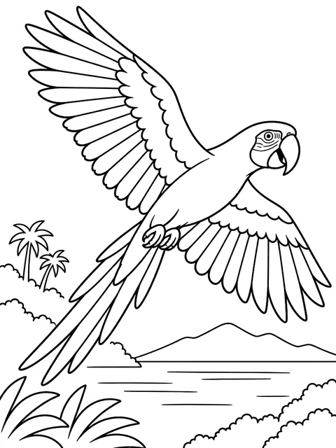Scarlet macaw flying coloring page