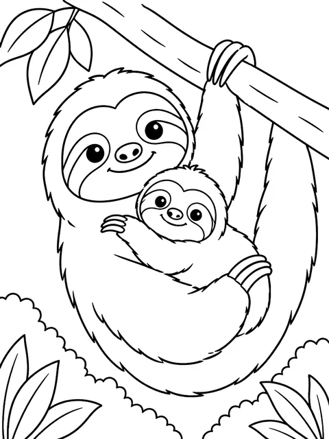 Mother sloth with her baby coloring page