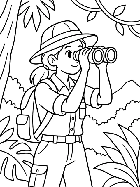 Explorer with binoculars in the jungle coloring page