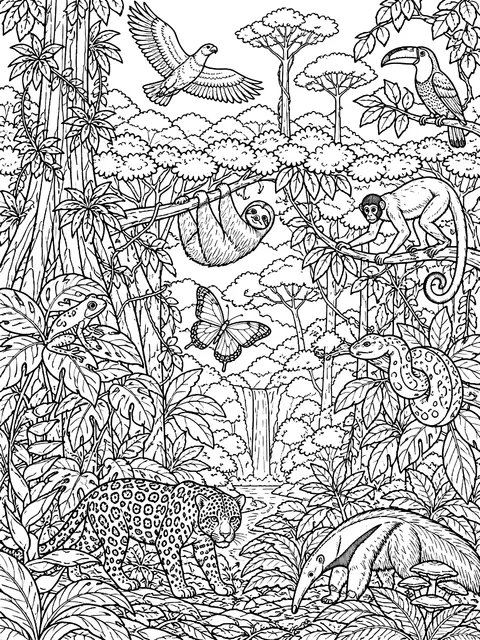 Detailed Rainforest layers with animals to label coloring page