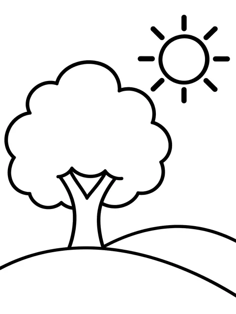 Easy Two hills, a tree and a sun coloring page