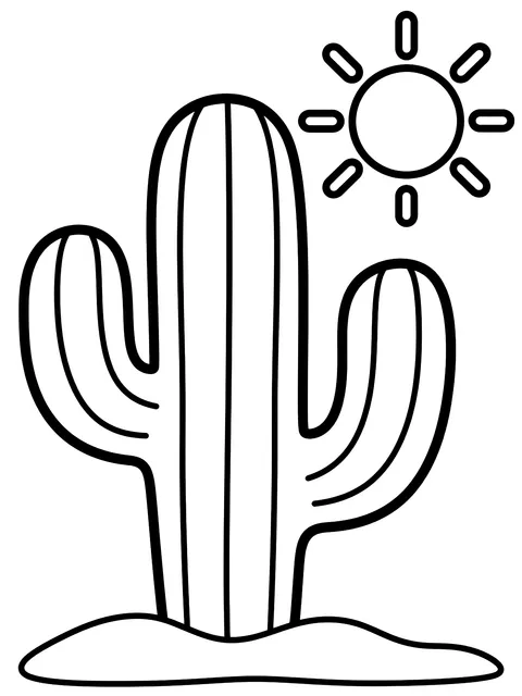Easy Desert with one cactus and a sun coloring page