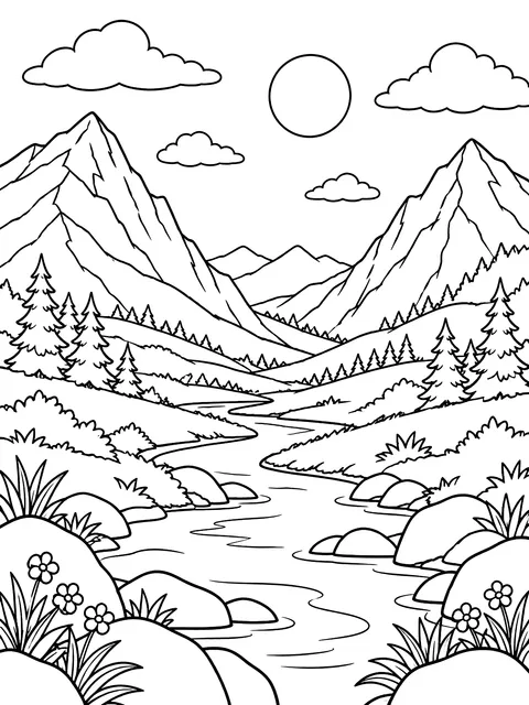 Valley between two mountains coloring page