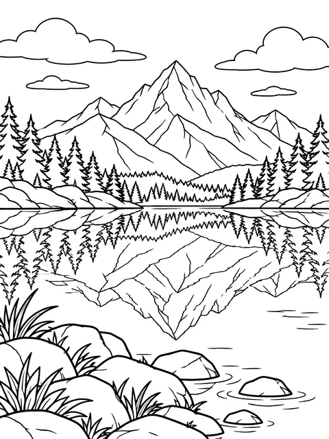 Lake with a mountain reflection coloring page