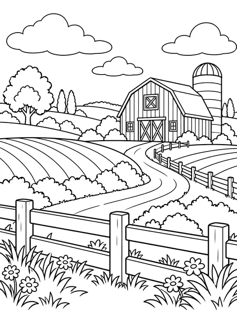 Rolling farmland with a barn coloring page