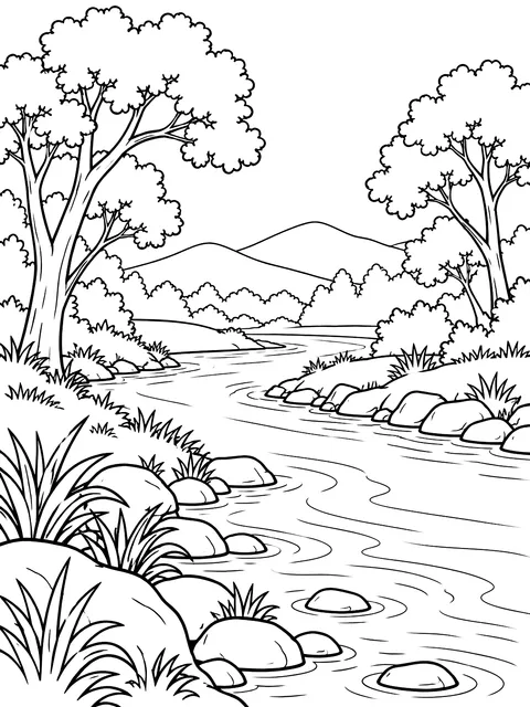 River bend with trees coloring page