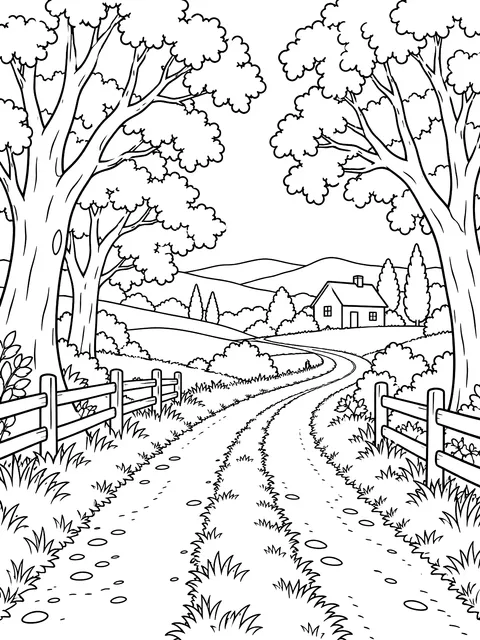 Country lane between trees coloring page