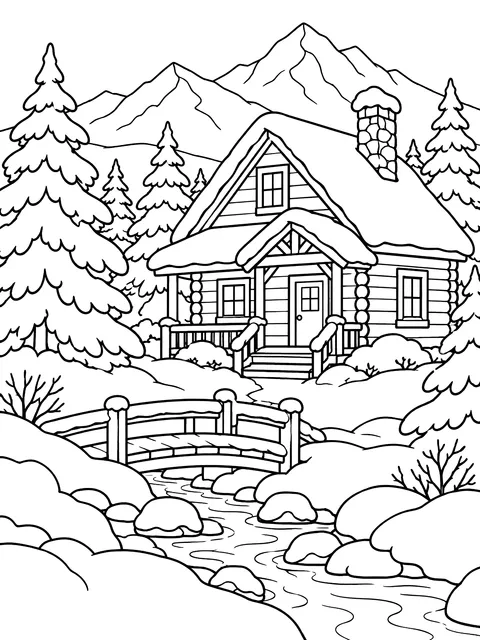 Snowy landscape with a cabin coloring page