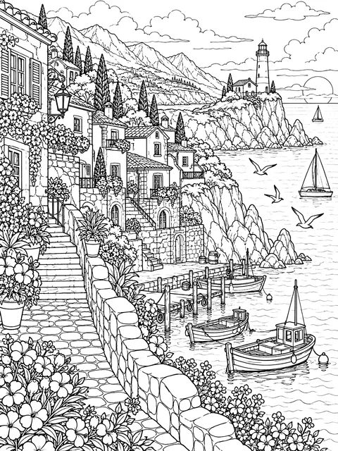 Detailed Coastal cliffs with a fishing village coloring page