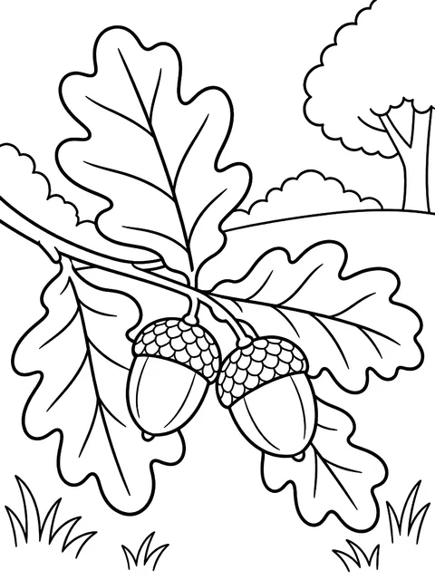 Oak leaves with two acorns coloring page
