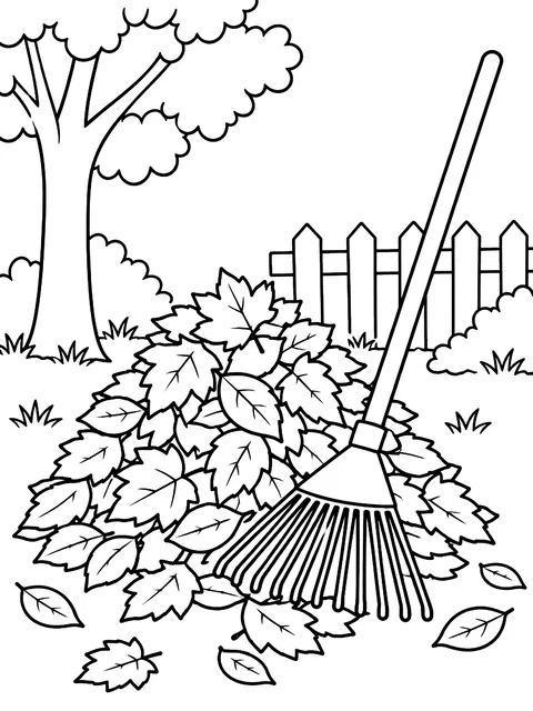 Leaf pile with a rake coloring page