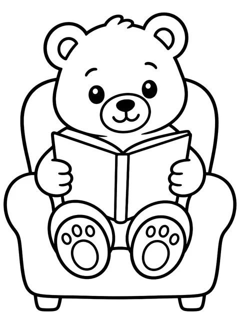 Easy Bear reading in an armchair coloring page
