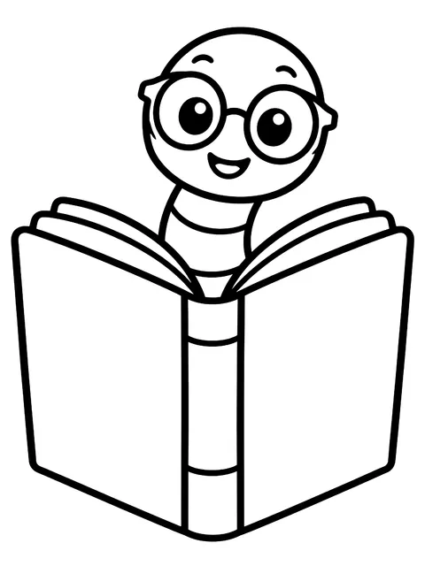 Easy Bookworm peeking out of a book coloring page
