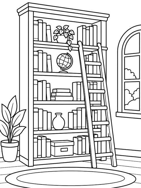 Tall bookshelf with a ladder coloring page