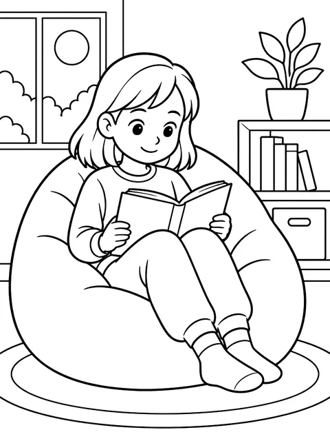 Child reading in a beanbag coloring page