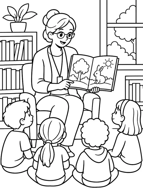Librarian reading at story time coloring page