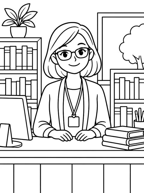 Librarian at the front desk coloring page