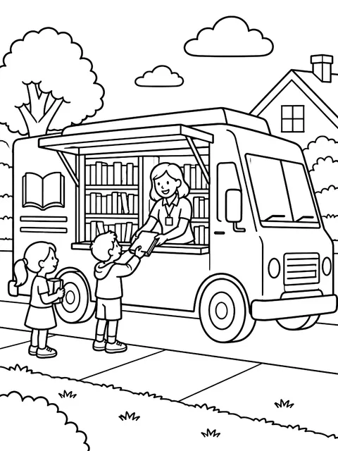 Bookmobile visiting a neighborhood coloring page
