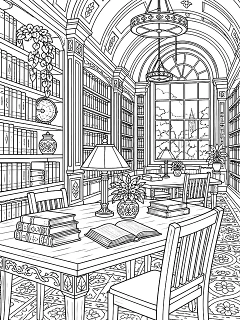 Detailed Library interior with shelves and tables coloring page