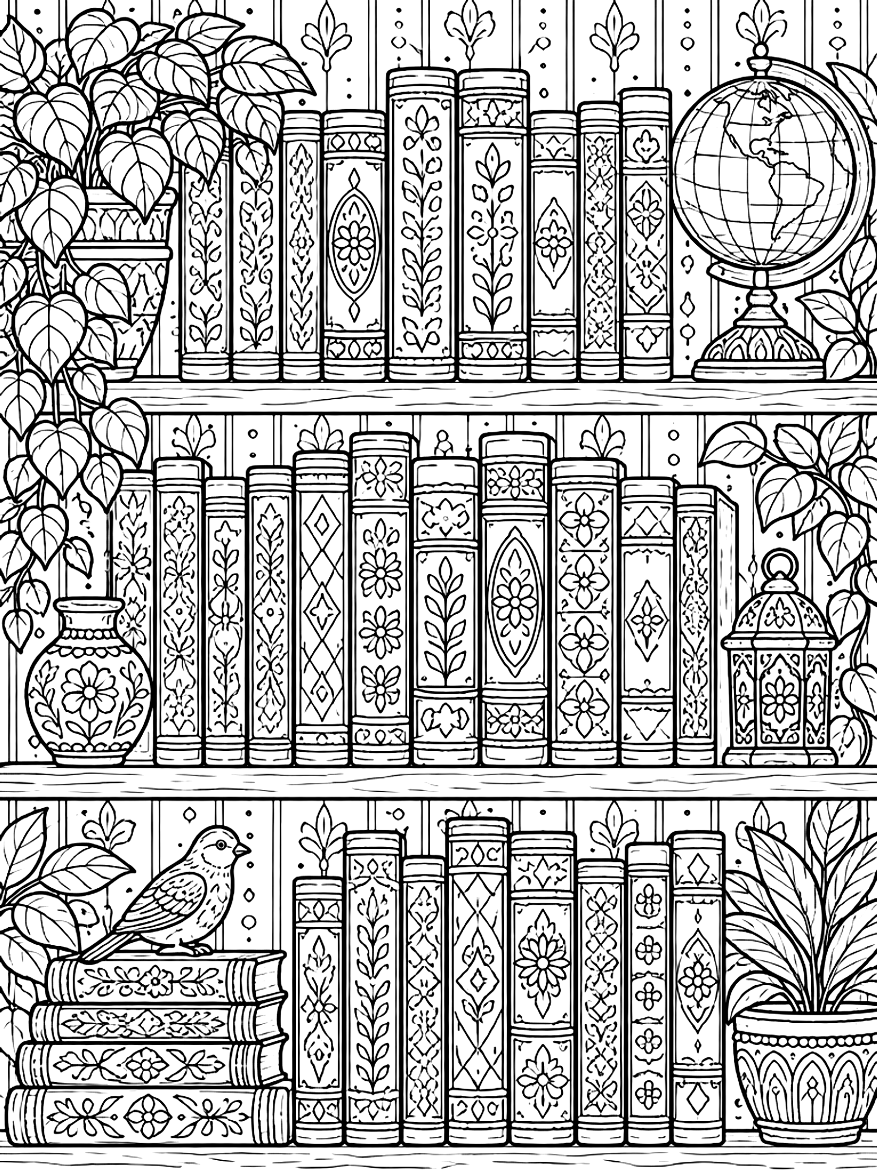 Detailed Shelf of detailed book spines coloring page