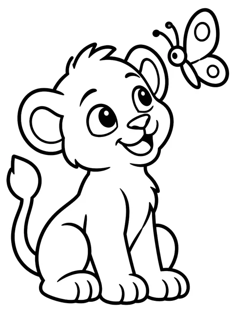 Easy Lion cub with a butterfly coloring page