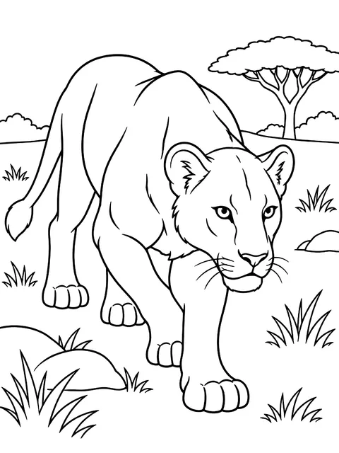 Lioness on the hunt coloring page