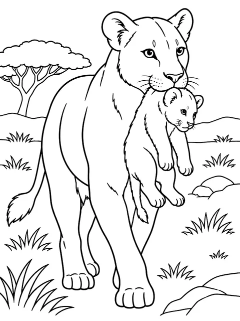 Lioness carrying a cub coloring page
