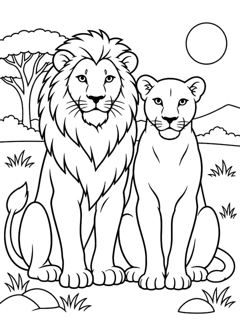 Lion and lioness side by side coloring page