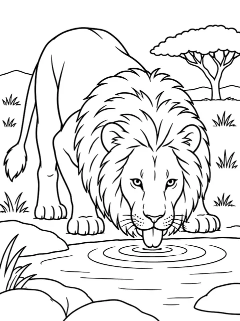 Lion drinking at a waterhole coloring page