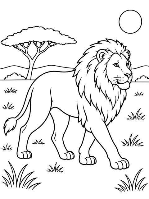 Lion walking across the savanna coloring page