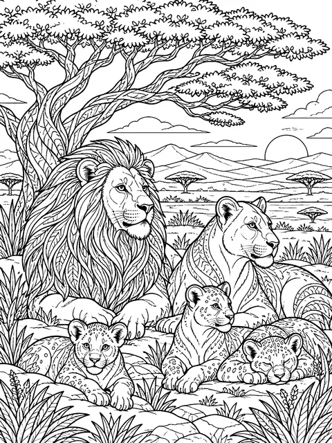 Detailed Lion pride resting under an acacia tree coloring page