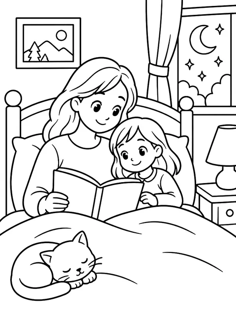 Bedtime story in a cozy bed coloring page