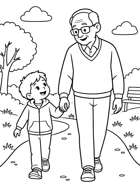 Holding hands with grandpa on a walk coloring page