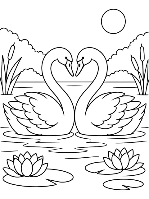 Two swans forming a heart with their necks coloring page