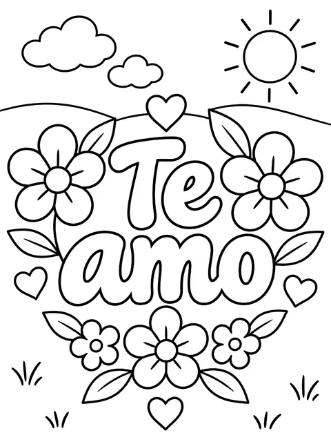 Te amo lettering with flowers coloring page
