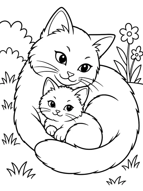 Cat curled around a kitten coloring page