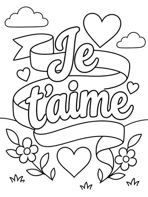 Je t'aime lettering with ribbons coloring page